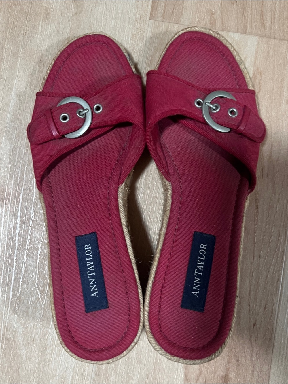 Ann Taylor Red Canvas Slide Mules with Silver Buckle-Sz 8